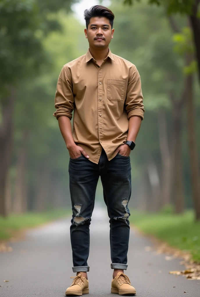 Please make me a realistic photo Indonesia man ((full tall)) standing outside facing the viewer. This guy was wearing a linght brown long-sleeved shirt with buttons, dark torn jeans with rolled up ends, and light brown Adidas samba shoes. An iPhone smartwatch is seen on the person's left wrist.