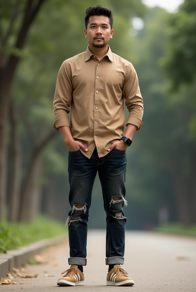 Please make me a realistic photo Indonesia man ((full tall)) standing outside facing the viewer. This guy was wearing a linght brown long-sleeved shirt with buttons, dark torn jeans with rolled up ends, and light brown Adidas samba shoes. An iPhone smartwatch is seen on the person's left wrist.