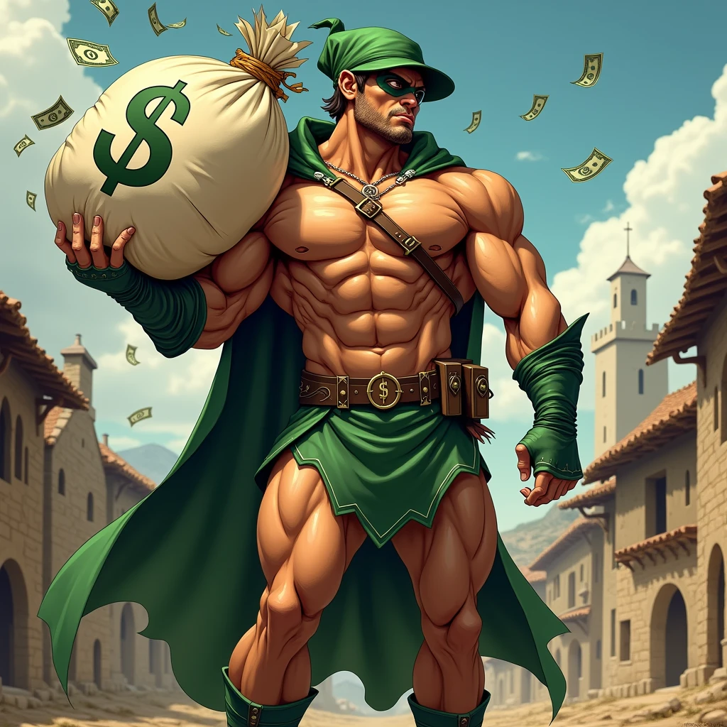 a very strong bodybuilder man, robin hood dress, with the green clothes and green hat characteristic of Robin Hood, muscular, tan muscular que se ven las venas de su cuello, In his hand he holds a huge bag of money, of bag screen, over his shoulder laughing, The bag has the money sign on the outside.from which some dollars fly away, in the background a village with poor medieval houses. The pose is an exaggerated comic or superhero type pose.