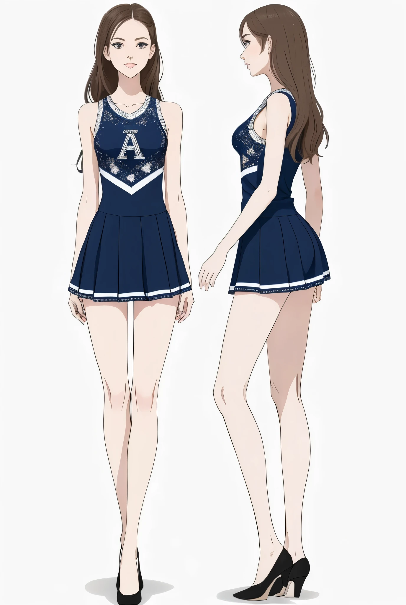 A stylish yet modest cheerleading outfit that represents a white tiger with the colors dark blue and glittery silver with the two models one facing the front and one facing the back showing it make the sleeves the tiger’s pattern but instead make it dark blue with rhinestone and a cute mini skirt for the bottom make sure it’s school appropriate and the chest part should have the letter A embodied on it
