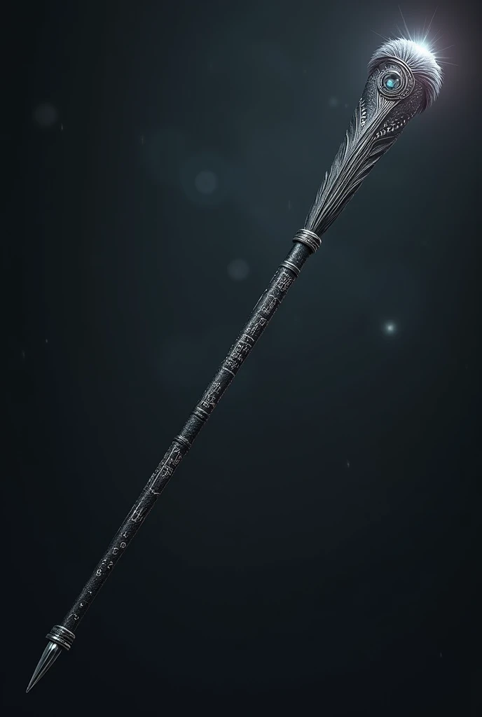 I would like a wand for a Harry Potter RPG, It has the following characteristics: celestial eye wand, with silver-veined ebony wood, with phoenix owl feather core, length of 13,5 inches, unyielding, with a black finish and a soft silver sheen, Along the wand are ancient and intricate runes, the handle is adorned with a carved owl's eye