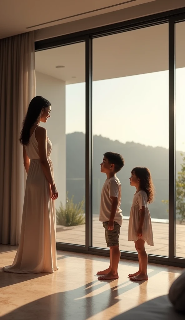 two Brazilian children asking their mother, show the full body of the children and the mother, the mother is on the left side, a billionaire family in a modern mansion