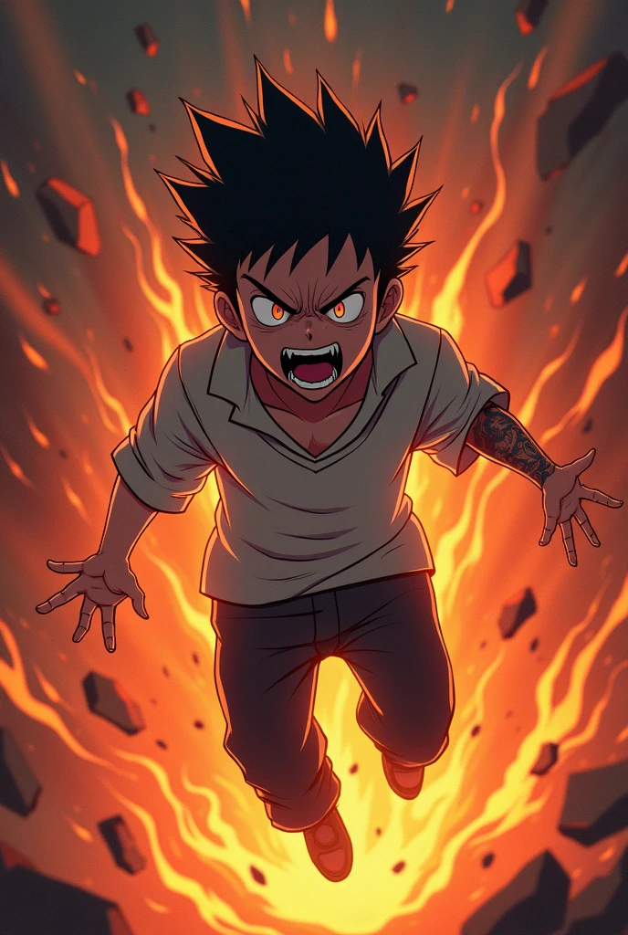 A anime boy with comeback attitude
With fire everything very very very angered shouting + vampire teeth and tattoo on face + fly in air in standing position +laughing loudly + standing in air