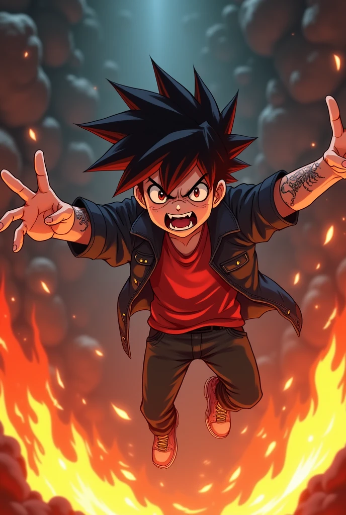 A anime boy with comeback attitude
With fire everything very very very angered shouting + vampire teeth and tattoo on face + fly in air in standing position +laughing loudly + standing in air
