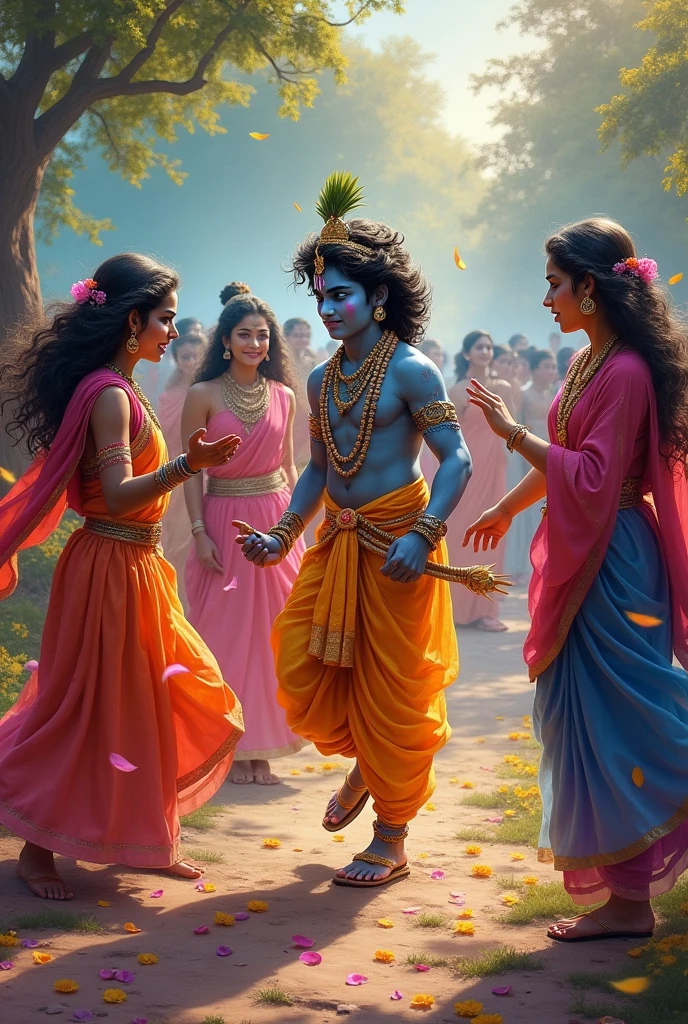 Lord krishna madhura me gopiyo ke sath Holi khel rahe hai jisse lord Radha unhe  jalansheel swabhav se dhekh rahi aur kanha ko  dhekhakar krodhit ho rahi hai jiske karn sabhi gopiyan has rahi hai