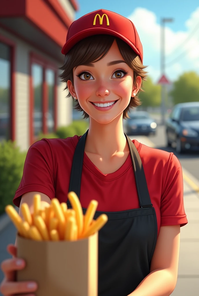 Context: A sunny day at the McDonald's drive-thru.
Character: A 50-year-old woman with short-cropped brown hair. She has a generous bust and wears the iconic McDonald's uniform, a red t-shirt and black apron, with a McDonald's cap.
Action: She holds a bag full of orders outwards, with a big smile on her face.
Viewpoint: Facing the woman, as she holds out the bag.