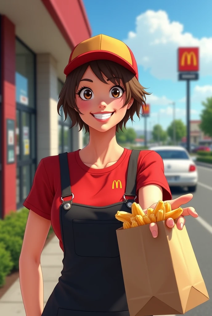 Context: A sunny day at the McDonald's drive-thru.
Character: A 50-year-old woman with short-cropped brown hair. She has a generous bust and wears the iconic McDonald's uniform, a red t-shirt and black apron, with a McDonald's cap.
Action: She holds a bag full of orders outwards, with a big smile on her face.
Viewpoint: Facing the woman, as she holds out the bag.