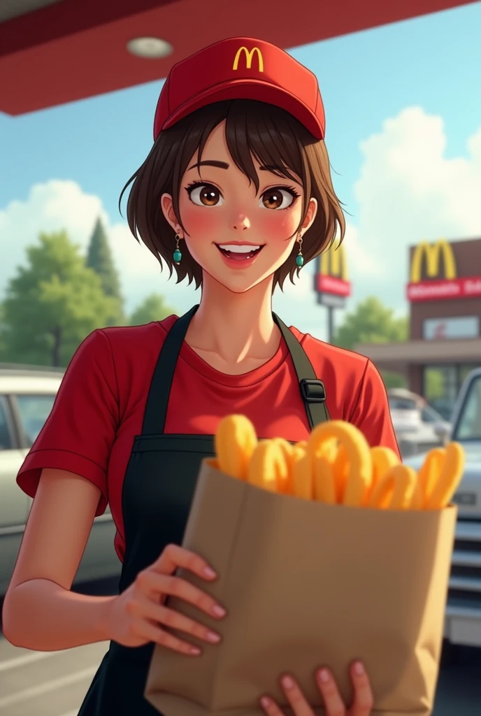 Context: A sunny day at the McDonald's drive-thru.
Character: A 50-year-old woman with short-cropped brown hair. She has a generous bust and wears the iconic McDonald's uniform, a red t-shirt and black apron, with a McDonald's cap.
Action: She holds a bag full of orders outwards, with a big smile on her face.
Viewpoint: Facing the woman, as she holds out the bag.