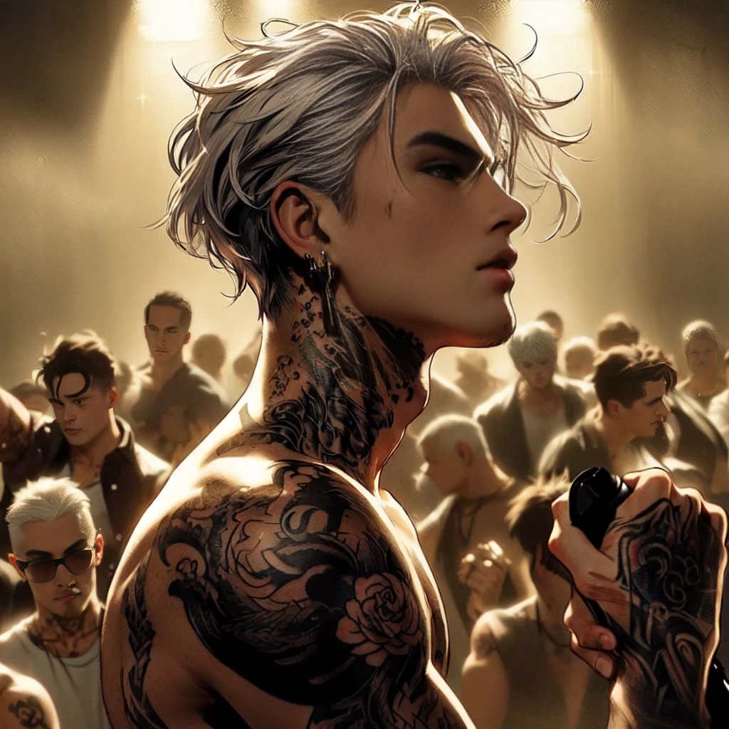 tattooed man, white haired, shirtless, wearing an earring, the background is an underground fight club, holding a black shirt, keep the artstyle, make him bloodied like after fighting