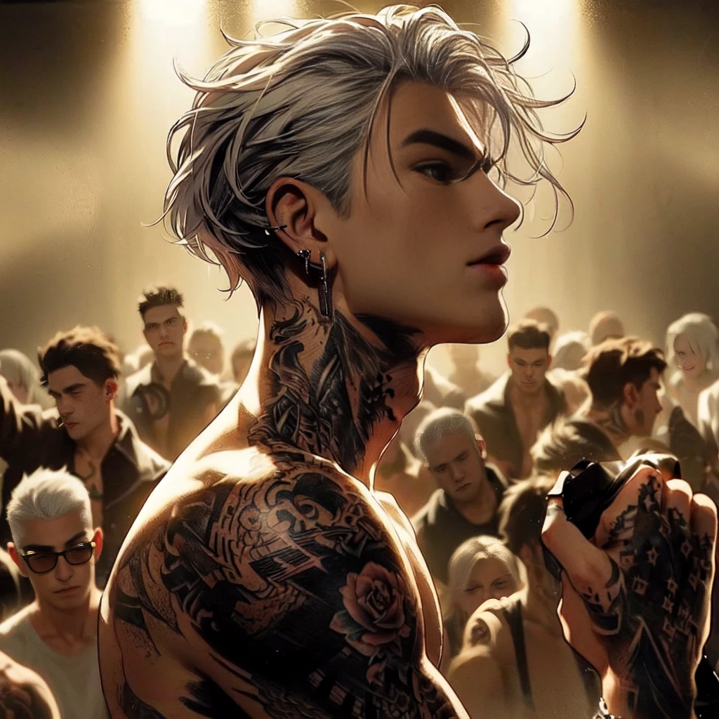 tattooed man, white haired, shirtless, wearing an earring, the background is an underground fight club, holding a black shirt, keep the artstyle, make him bloodied like after fighting