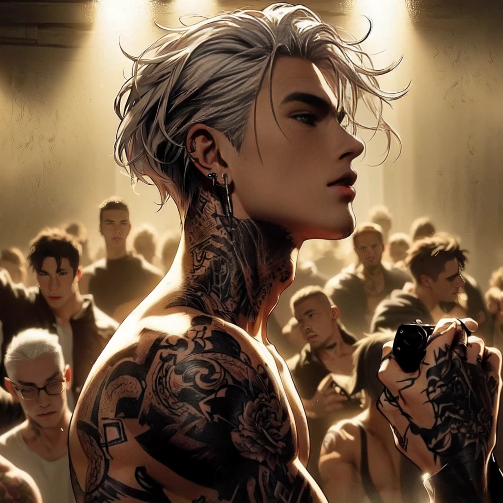 tattooed man, white haired, shirtless, wearing an earring, the background is an underground fight club, holding a black shirt, keep the artstyle, make him bloodied like after fighting