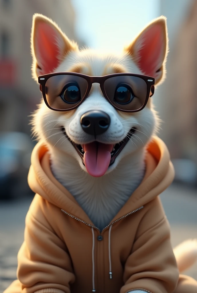 Smiling dog with grey sweatshirt and sunglasses.