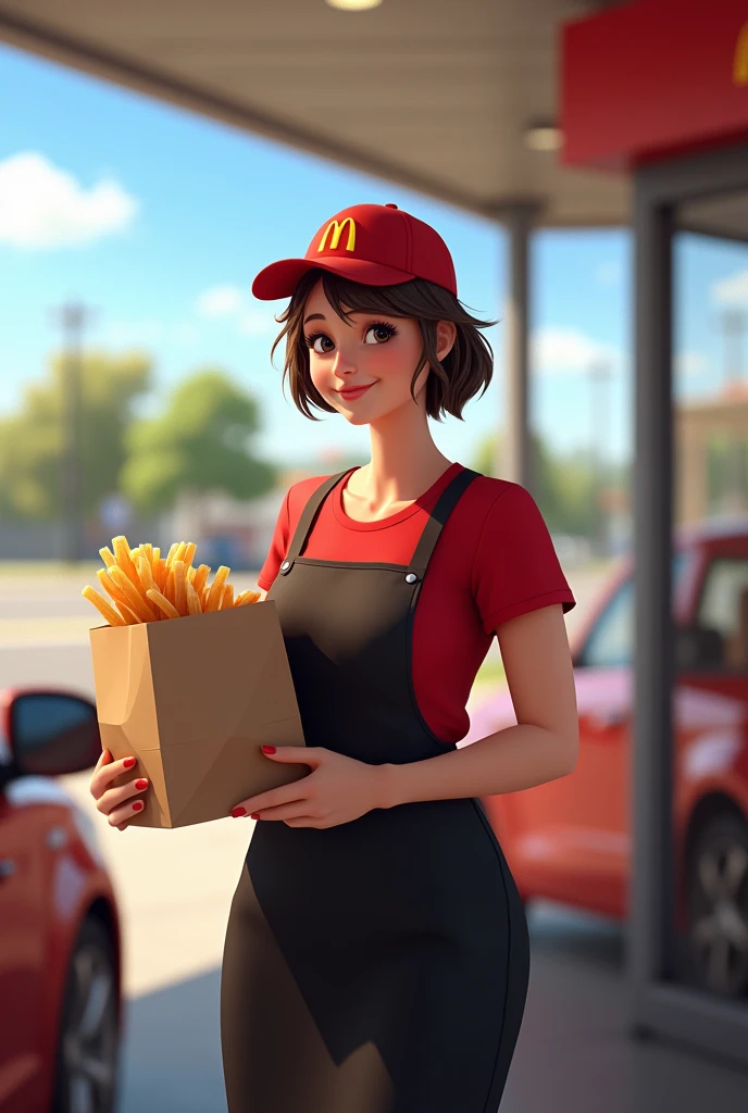 Context: A sunny day at the McDonald's drive-thru.
Character: A 50-year-old woman with short-cropped brown hair. She has a generous bust and wears the iconic McDonald's uniform, a red t-shirt and black apron, with a McDonald's cap.
Action: She holds a bag full of orders outwards, with a big smile on her face.
Style: Realistic, photo-realistic.