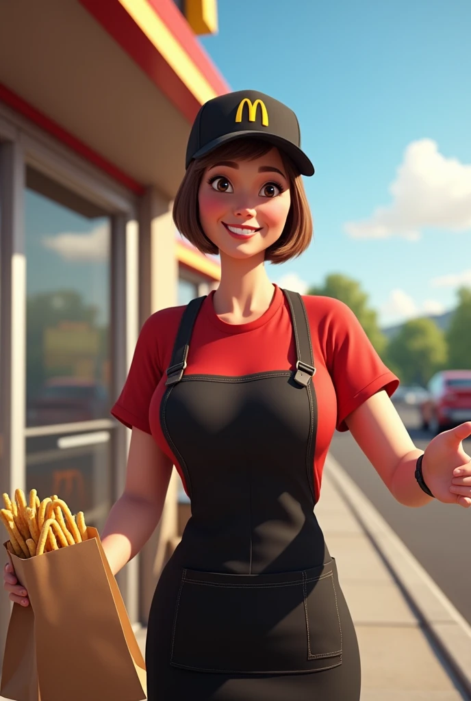 Context: A sunny day at the McDonald's drive-thru.
Character: A 50-year-old woman with short-cropped brown hair. She has a generous bust and wears the iconic McDonald's uniform, a red t-shirt and black apron, with a McDonald's cap.
Action: She holds a bag full of orders outwards, with a big smile on her face.
Style: Realistic, photo-realistic.