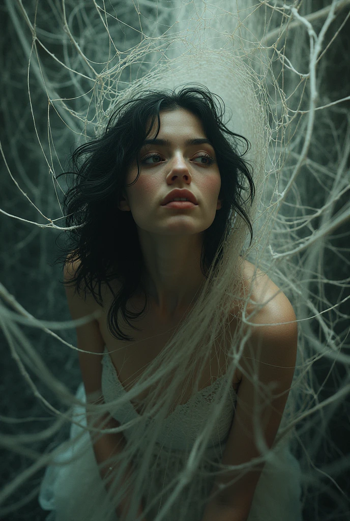 A beautiful brunette woman,  trapped in a giant spiderweb 