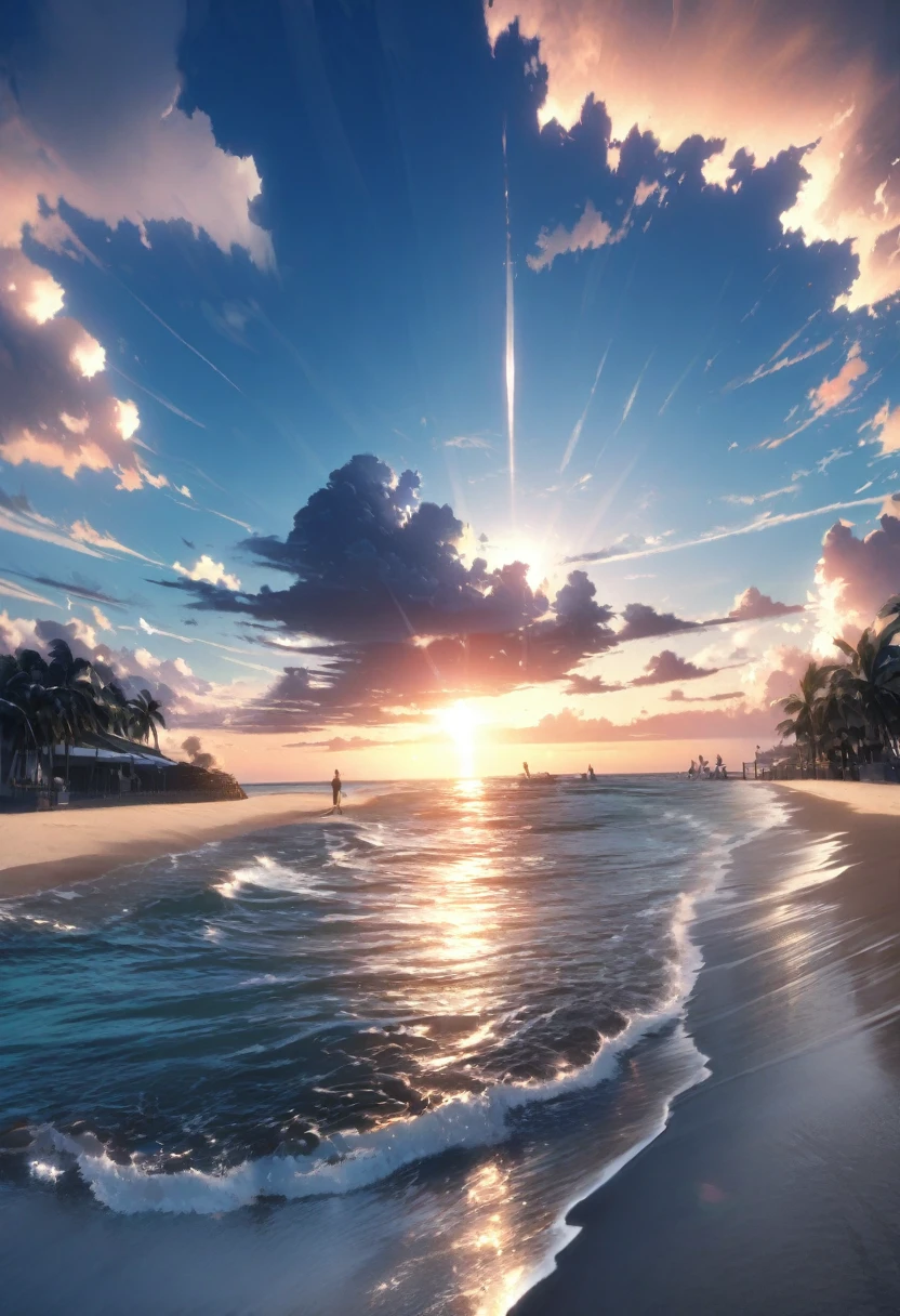 Small island beach、The swordsman appeared late.、Rivals getting impatient。In the background, the sun sets and the sky spreads out.。