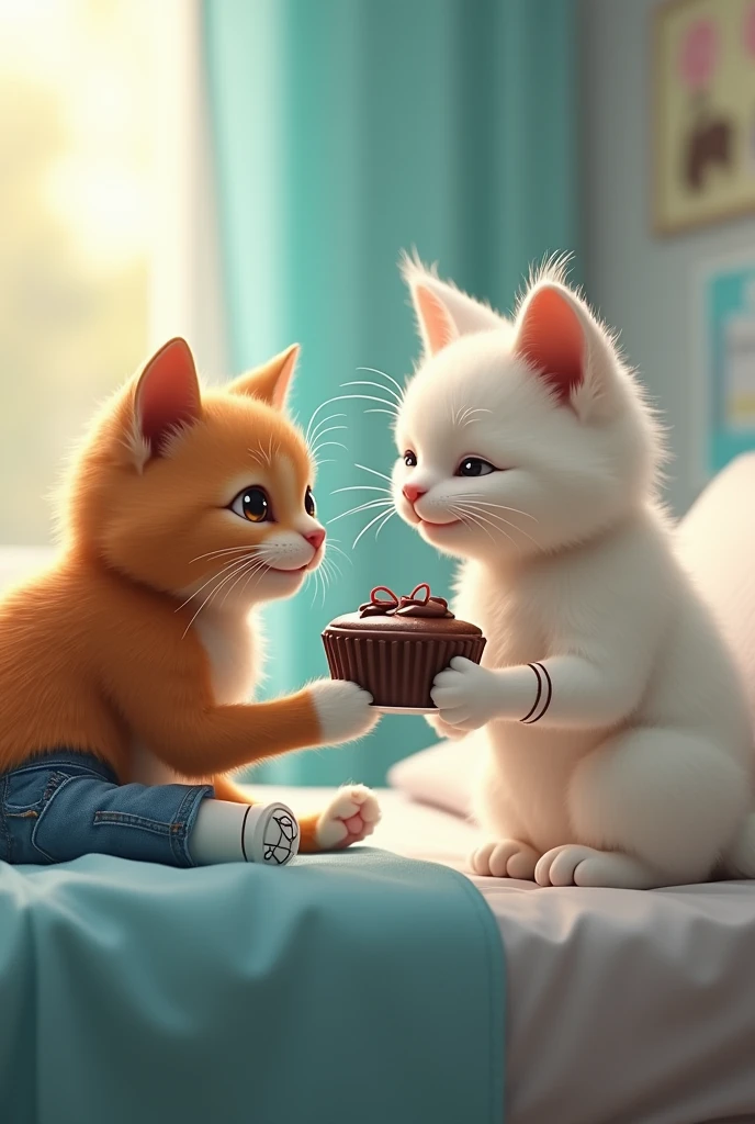 A boy cat with brown color in blue jeans lies in a hospital bed with a broken leg and a girl cat with white colour in pink frock comes to visit him in the hospital with chocolate cake ai image