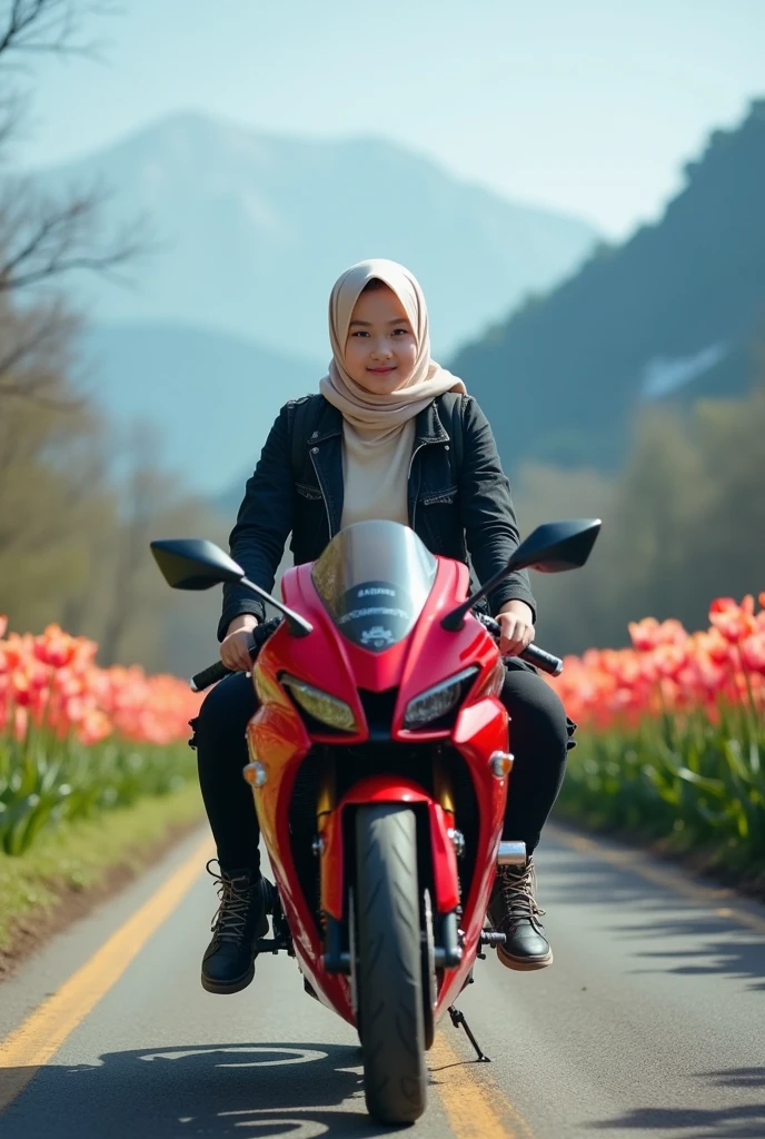 A beautiful Indonesian girl, clean white skin, well-groomed face,wearing a black jeans jacket,cream colored t-shirt , black cargo pants,cream hijab style kekinin,black watch, backpack, snow boots, currently riding a red Kawasaki Ninja ZX-25R motorbike, on the country road,very beautiful amazing ..The left and right sides of the road are lined with tulips in bloom in beautiful colors.. Under the clear blue sky, there are children,the farmer is walking, mountain and waterfall background, original photo .realistic 