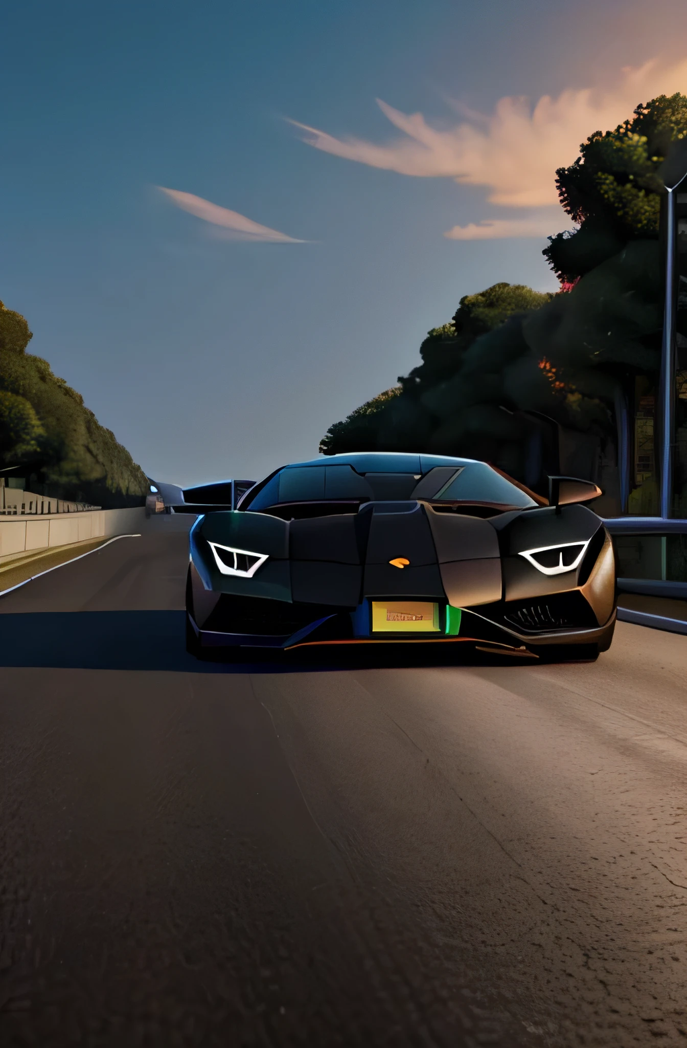  Watch a guy dressed as Batman speed down a Maryland road in a Lamborghini. The background is a road at sunset., The car is a shiny black Lamborghini..