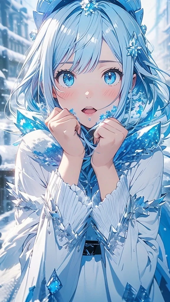 ((Highest quality))), Super detailed, 4K, 1 girl, winter, ((ice)), cold, ((Pale light blue hair)), Beautiful detailed hair, Pale light blue background, ((Expressionless)), Beautiful attention to detail, ice effect, (((crystal of snow))), ((Blue explosion,))Upper Body, Beautifully detailed face, ((((snow)))), (Wind,),(View from the front), (((beautiful detailed crystal of snow))), ((vapor)), Open your mouth, ((snow effect)), thunder efect 