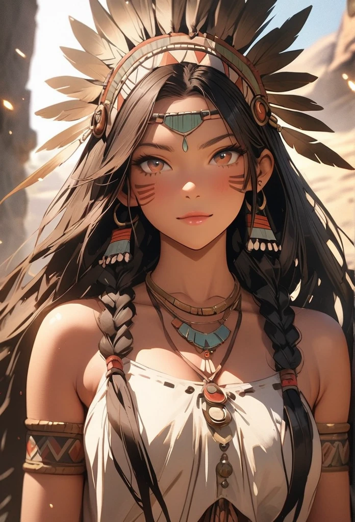 1girl,native american, feathers,hair ornament,jewelry,necklace,tribal,headdress,armlet,facepaint,braid,bracelet, wz_sousou_no_frieren_style, 1girl in full growth, best quality, masterpiece, ultra-detailed, high quality, perfect nose, highly detailed skin, warm skin tone, defiance512, RAW photo, best quality, high resolution, (masterpiece), dreamlike, dreamy, modelshoot style, analog style, tonemapping, photorealistic, professional photography, sharp focus, HDR, 8K resolution, intricate detail, sophisticated detail, hyper detailed, (depth of field), highlight and shadow, volumetric lighting, cinematic bloom, professional light, looking at viewer, blotchy, full body angle.