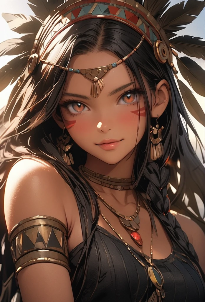 1girl,native american, feathers,hair ornament,jewelry,necklace,tribal,headdress,armlet,facepaint,braid,bracelet, wz_sousou_no_frieren_style, 1girl in full growth, best quality, masterpiece, ultra-detailed, high quality, perfect nose, highly detailed skin, warm skin tone, defiance512, RAW photo, best quality, high resolution, (masterpiece), dreamlike, dreamy, modelshoot style, analog style, tonemapping, photorealistic, professional photography, sharp focus, HDR, 8K resolution, intricate detail, sophisticated detail, hyper detailed, (depth of field), highlight and shadow, volumetric lighting, cinematic bloom, professional light, looking at viewer, blotchy, full body angle.
