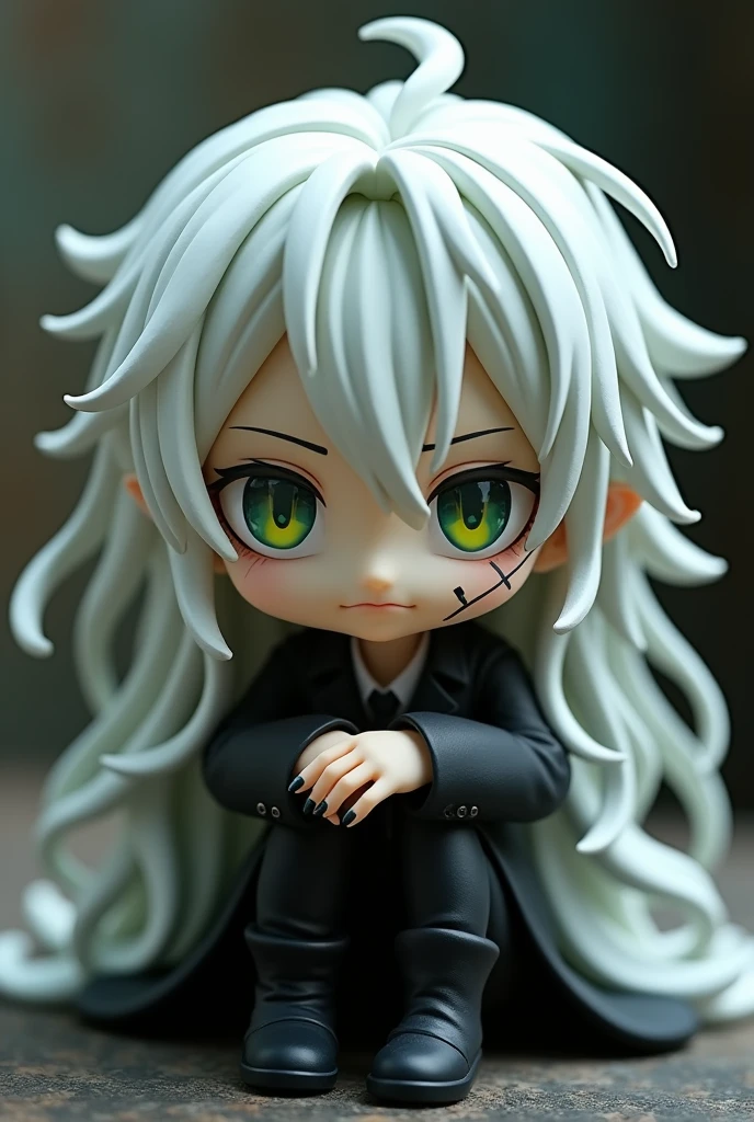 A chibi figure of the character Undertaker from Black Butler. He has long, messy white hair cascading around him. His eyes are green with a yellow halo in them. He is wearing an all-black outfit and long black boots. There is a stitch-like scar on his face that runs over one eye and across the other side of his face. I want his eyes to be clearly visible.

He is sitting down, looking up and directly at the viewer, as if he's making eye contact. I want him to be smirking with a playful vibe. He is a man, sitting with his knees pulled into his chest, hugging them, with his hands resting on his knees.

I want the chibi figure to resemble the popular figures from the anime Jujutsu Kaisen, and he should have long black nails.