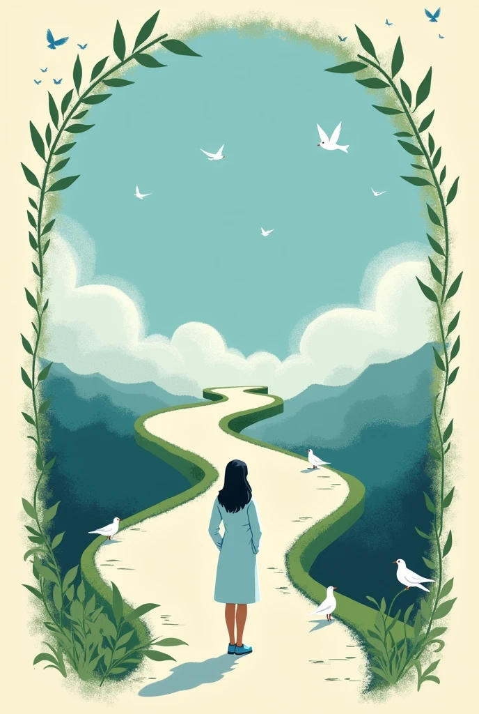 .A cream and indigo print of a {Create a serene and reflective book cover for an autobiography of a nurse. The cover features a winding road resembling the hairpin bends of Wayanad, which should subtly resemble a stethoscope. The edges of the cover are framed with greenery, leading up to a clear blue sky in the center. A 20-year-old woman, representing the nurse, stands at the end of the road, slightly turned to reveal part of her face, and gazing up at the sky. She is wearing a lab coat with her hands in the coat's pockets. The overall mood should evoke a sense of contemplation, journey, and hope} surrounded by white birds, in the minimalist style