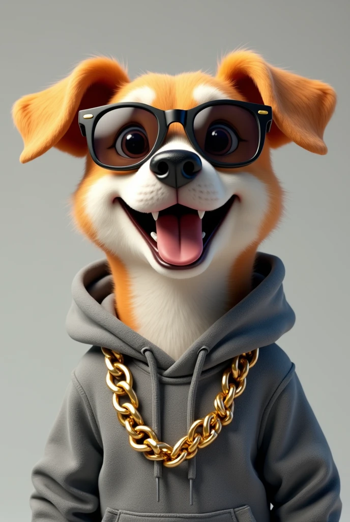 Smiling dog with grey sweatshirt and sunglasses. And gold chains