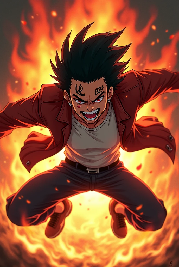 A anime boy with comeback attitude
With fire everything very very very angered shouting + vampire teeth and tattoo on face + fly in air in standing position +laughing loudly + standing