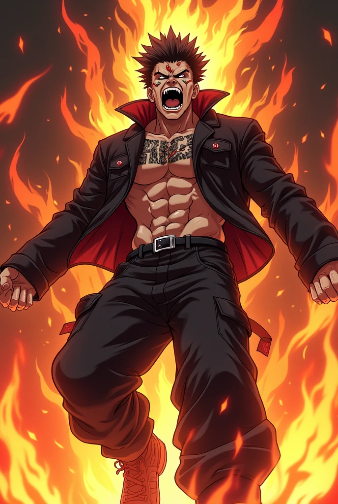 A anime boy with comeback attitude
With fire everything very very very angered shouting + vampire teeth and tattoo on face + fly in air in standing position +laughing loudly + standing