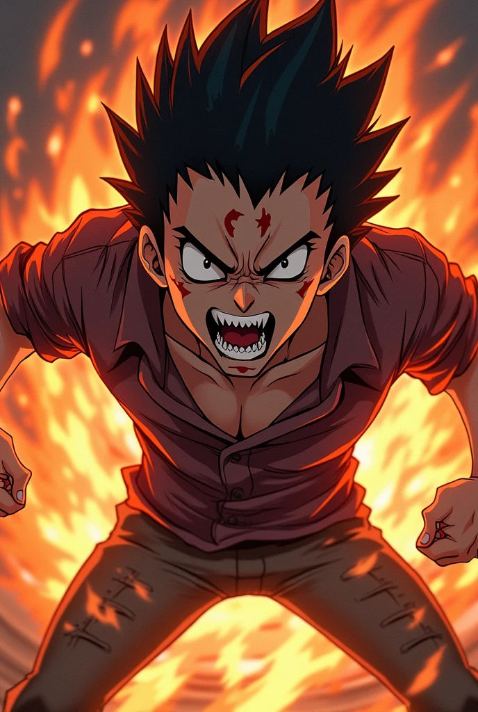 A anime boy with comeback attitude
With fire everything very very very angered shouting + vampire teeth and tattoo on face + fly in air in standing position +laughing loudly + standing 
