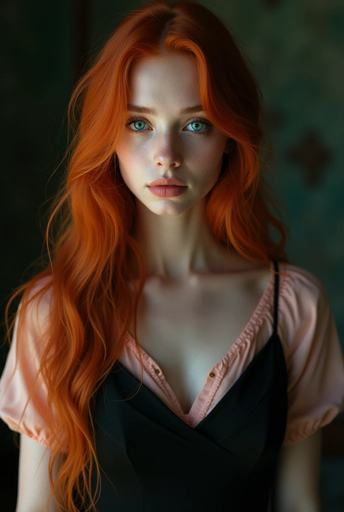 girl with long red hair, heterochromatic eyes, Pale skin, Flat Chest, She is wearing a black dress with a light pink blouse, With a more elegant and sophisticated touch, Something that matches her mysterious and strong personality. whole, Her appearance will be impressive, Attracts curious and inquisitive gazes, , Cinema Lighting, chromatic aberration, Backlight, masterpiece, Attention to detail, high quality, 4K.