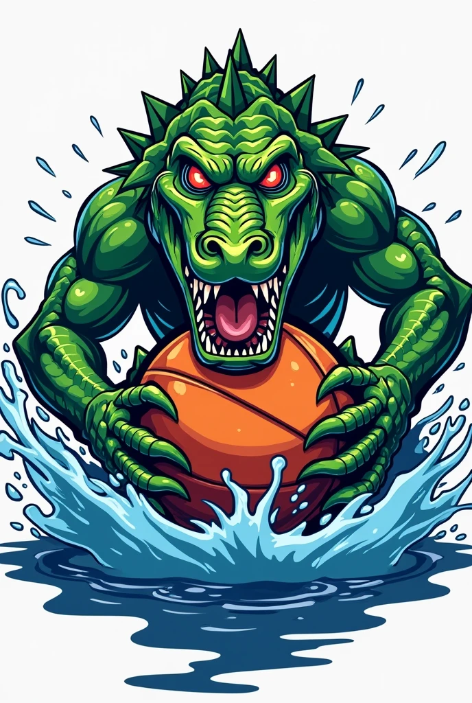 A Stylized vector art whole body of a green beast crocodile front view with a sharp teeth splashing a stylized blue water vector , compressing a basketball ball