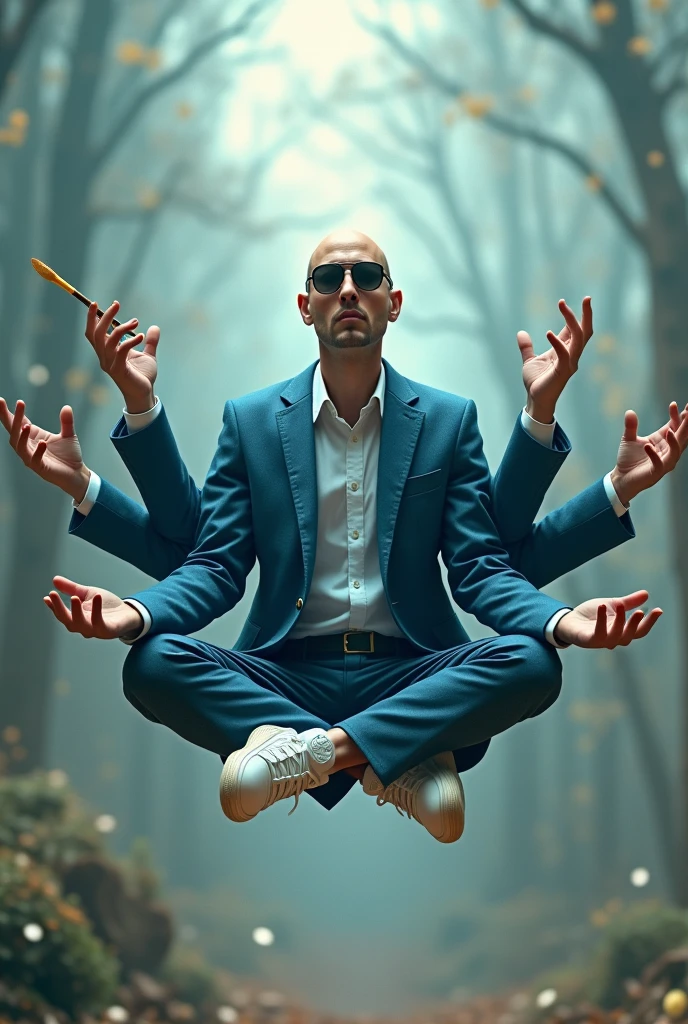 Bald man, meditating sunglasses with blue blazer white sneakers floating with 6 arms, each hand an art tool