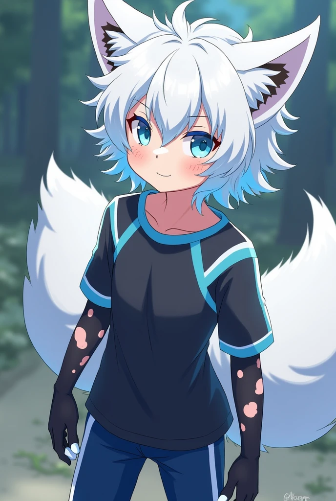 He is a boy, that looks like a fox hybrid , Her hair is white and has few curls. , She has light blue strands in her hair , Her eyes are a pastel blue color. The clothing is a black shirt with light blue , his navy blue pants. He has a calm look. That it has a theme of the anime my Hero academy. It has two furry fox tails on the back and also has light blue locks..He has black cat-like markings on his face.. Half of his legs and arms from the elbow down are wolf fur.. It has a medium size.