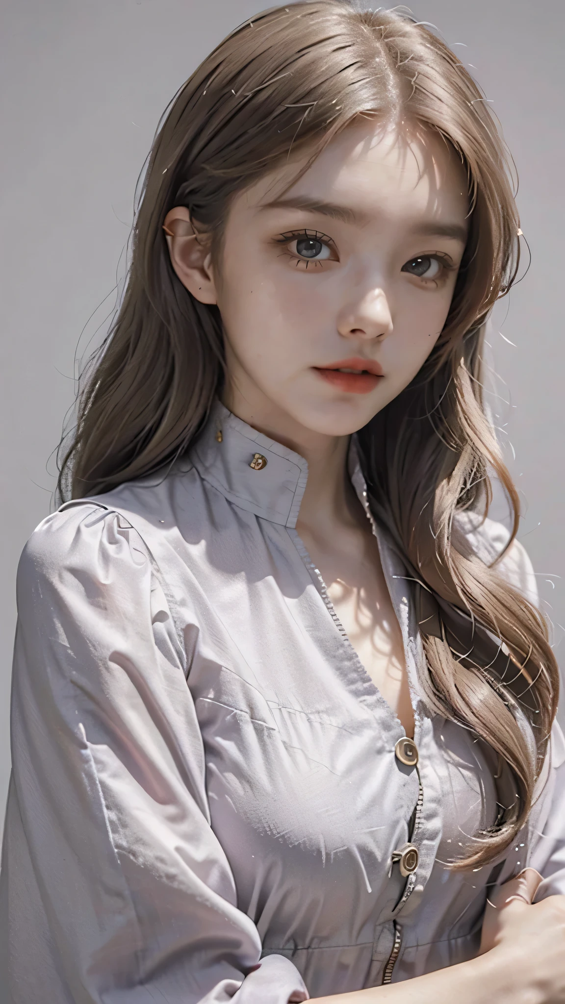 Girl wearing, luxury lavender coat, collar design, button closed, shoulder length hair, wavy hair, glowing skin, star in eye, red lips, grey background, cute poses , upper body, light blonde hair.