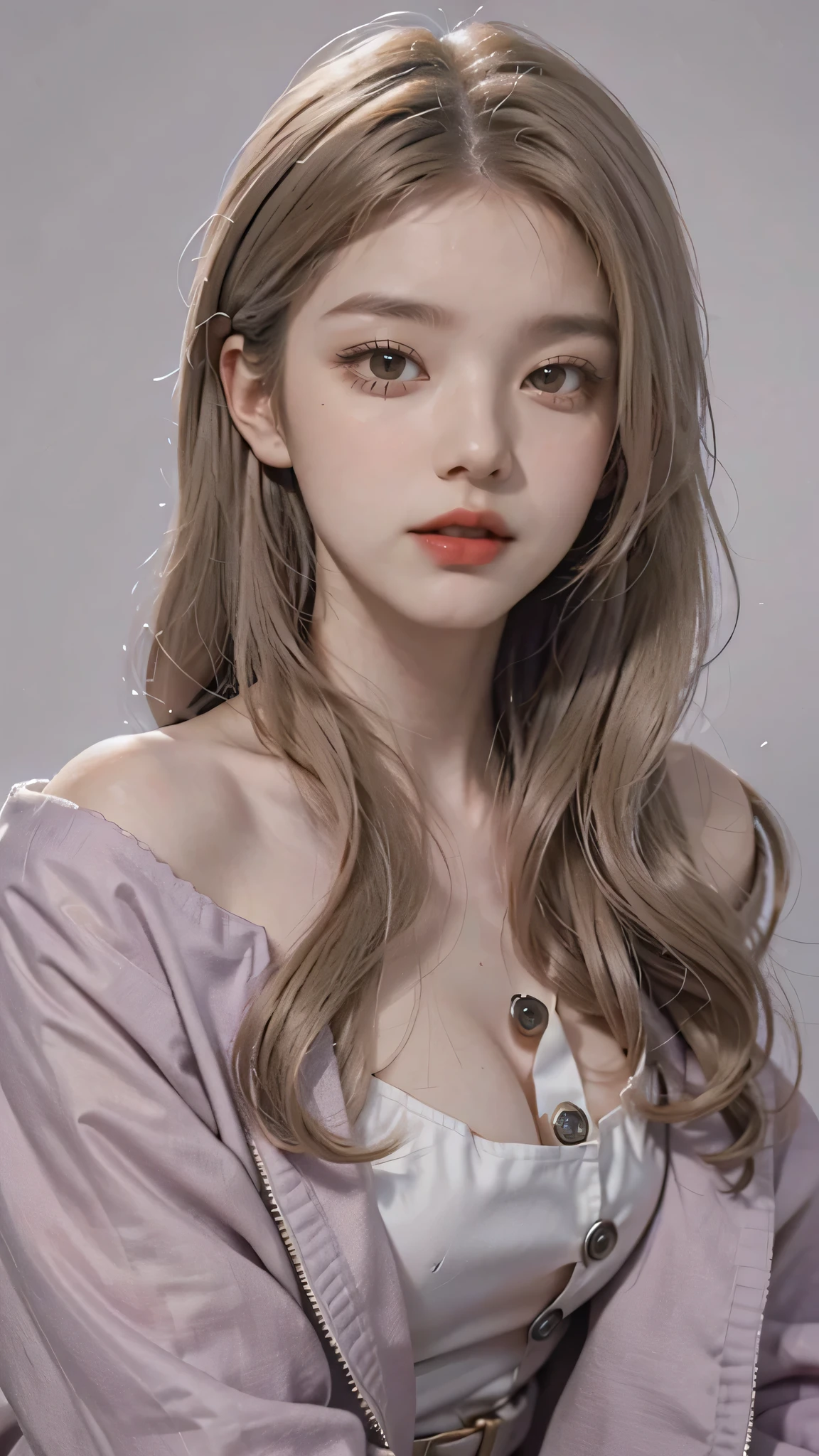Girl wearing, luxury lavender coat, collar design, button closed, shoulder length hair, wavy hair, glowing skin, star in eye, red lips, grey background, cute poses , upper body, light blonde hair.