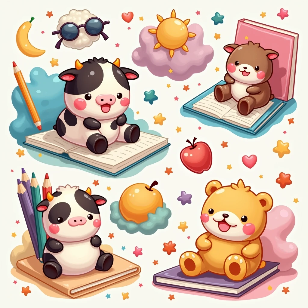 Make a beautiful spectacular illustration in 4k The illustration should feature stationery objects (as colored pencils, pens, notebooks) and two cartoon-style Squishmallows.
The first Squishmallow is a cute happy cow, with vibrant colors and details reminiscent of a teddy bear, with a rounded and cozy shape.
The second Squishmallow is a panda bear, also with a plush appearance and with cute and delicate features.
Both Squishmallows are in different situations/places that suggest a school fun vibe.
Art must have an organic distribution, suitable for shirt printing, avoiding rigid rectangular shapes.
Below this scene, inclua o texto “Paint your world with joy,” styled in a fun and colorful way, with the font color transitioning from pink at the top to yellow at the bottom, imitating a sunset.
The overall art should evoke a sense of school nostalgia and the joy of drawing., reflecting the theme of a high school summer.