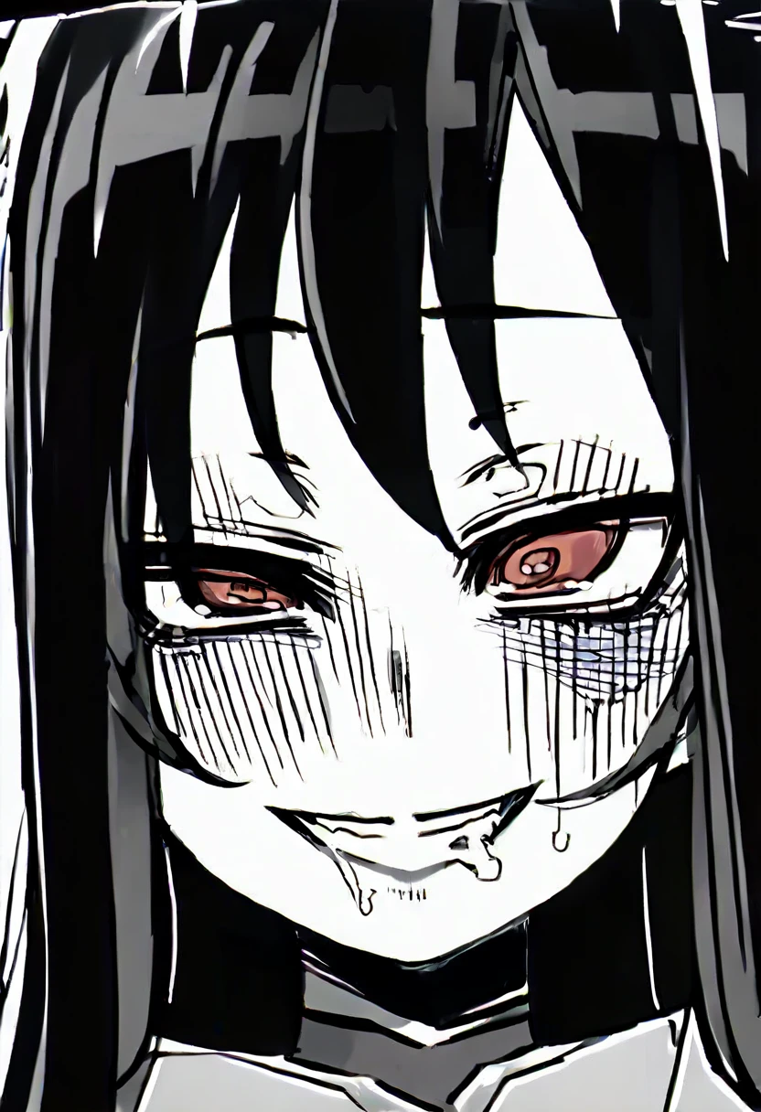 score_9, score_8_up, BREAK, source_anime, monochrome, greyscale, ebiblue, gesugao, 1girl, black hair, long hair, red eyes, (glowing eyes:0.5), smile, looking at viewer, solo, sketch, black background
