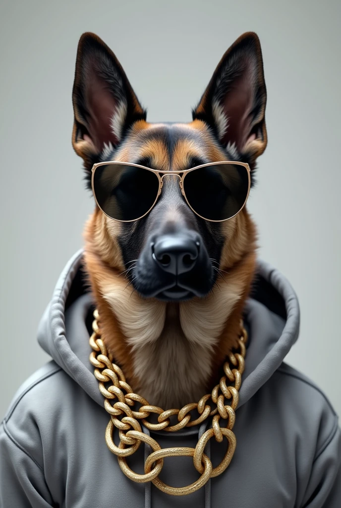 German Shepherd dog with grey hoodie and sunglasses. And gold chains