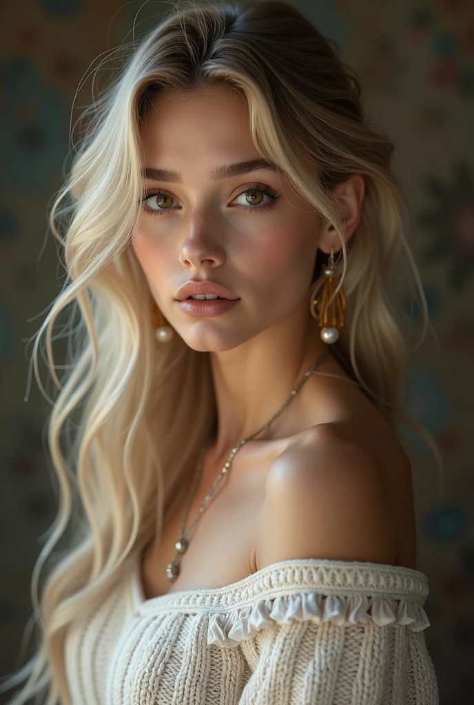 1 girl in, 19yearsold, standing alone, long hair, Colossal , looking ahead at viewer, hair blonde, bared shoulders, eyes browns, jewerly, whole body, a necklace, off the shoulders, Sweaters, realisitic, A sexy