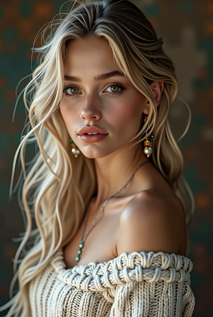 1 girl in, 19yearsold, standing alone, long hair, Colossal , looking ahead at viewer, hair blonde, bared shoulders, eyes browns, jewerly, whole body, a necklace, off the shoulders, Sweaters, realisitic, A sexy