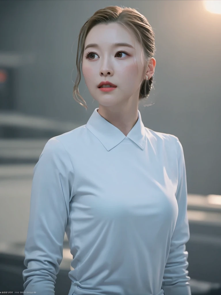realistic photos of (1 cute Korean star)hair slicked back, thin makeup, medium breasts size, long sleeve shirt, vanishing point, f/4.0, 35mm, Nikon, cinematic lighting, cinematic lighting, blending, UHD, masterpiece, super detail, 16k