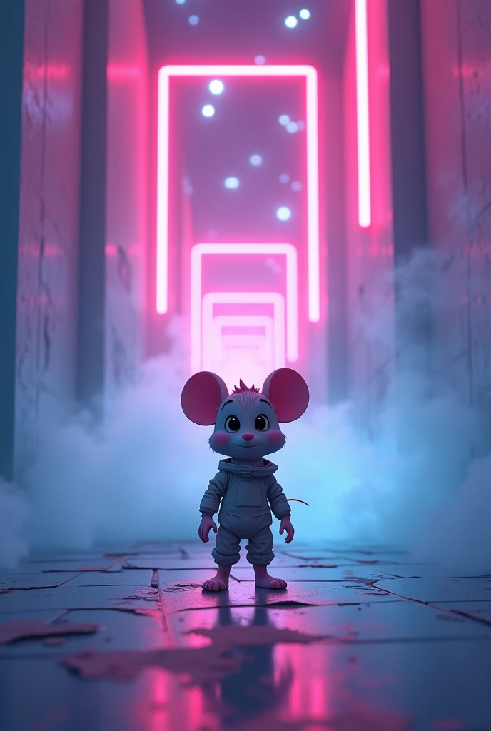 Surreal,The square continues to the back,Gradually getting smaller,Uneven tilt,Mysterious Neon,Spot Flash、Wrapped in a beautiful mist,Unique Pixar-style animated mouse,Spacesuit,White wall,Cool glow