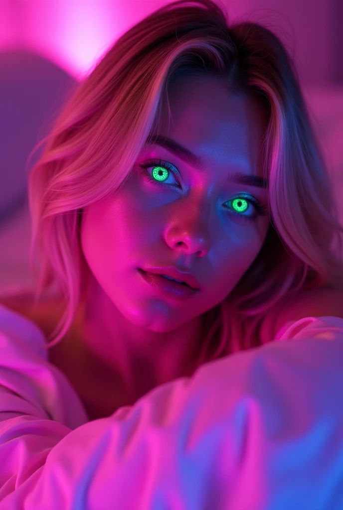 blond woman with blue eyes and pink makeup posing in bed, glowing pink face, soft portrait shot 8 k, glowing magenta face, glowing with colored light, sexy girl with green eyes, glowwave girl portrait, magenta lighting. fantasy, glowing neon skin, color photograph portrait 4k, 8 k sensual lighting, glowing pink eyes, sexy face with full makeup
