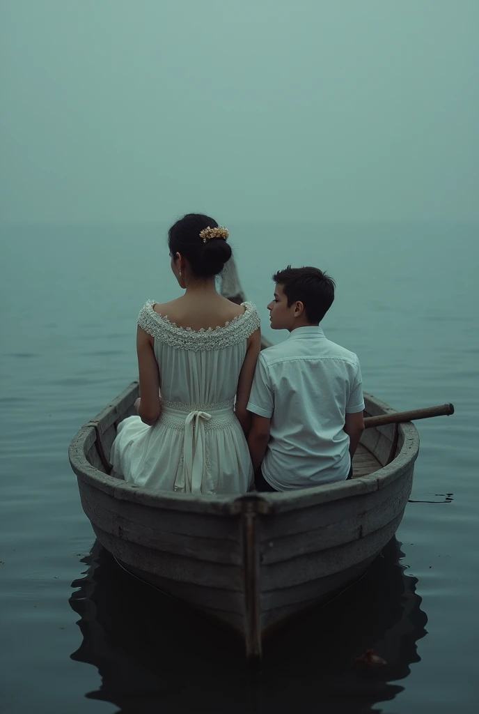 (Meilleure qualité, haute résolution : femme , chemisier en dentelle, assise les jambes croisées dans un bateau en bois avec son fils, éclairage sombre et maussade (mise au point lointaine : 1,6), plan d'ensemble, regardant le spectateur
