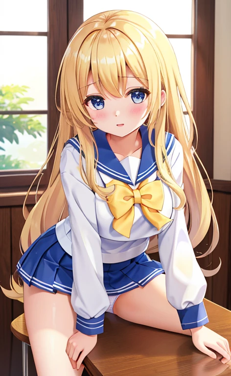 Beautiful long blonde Girl in a sailor suit Pleated skirt mini skirt Long sleeve whole body Shyness Leaning forward Rubbing crotch on table Watery eye White panties