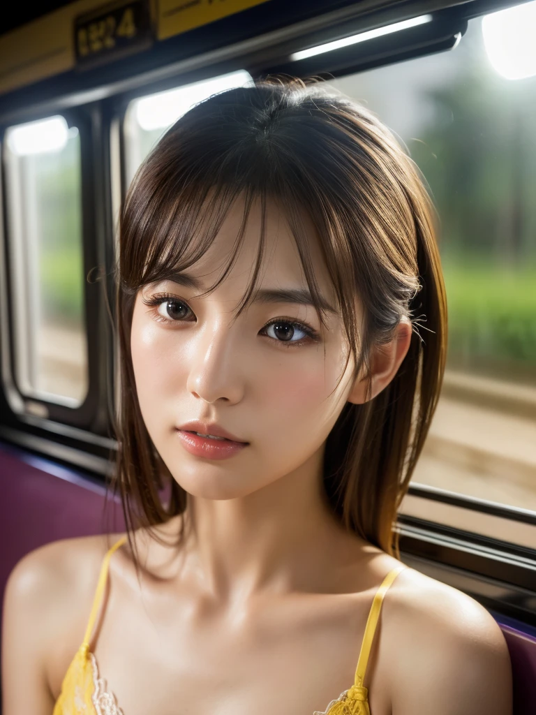 A beautiful young Japanese woman, 2, inside a train, with extremely detailed facial features and eyes, beautiful detailed lips, long eyelashes, straight face, ???? sleeping expression, detailed skin texture and natural skin shader, full body, yellow bra, best quality, realistic eyes and skin, golden ratio, long hair, (best quality, 4k, 8k, highres, masterpiece:1.2), ultra-detailed, (realistic, photorealistic, photo-realistic:1.37), HDR, UHD, studio lighting, ultra-fine painting, sharp focus, physically-based rendering, extreme detail description, professional, vivid colors, bokeh