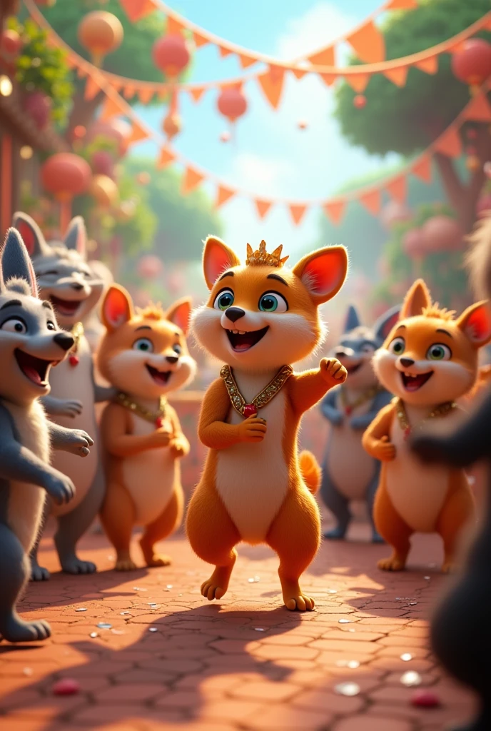 in cinematic 3d cartoon style"The atmosphere is festive, with the all  animals dancing and celebrating in harmony, and the whole scene exudes a sense of joy and celebration.cate wedding 